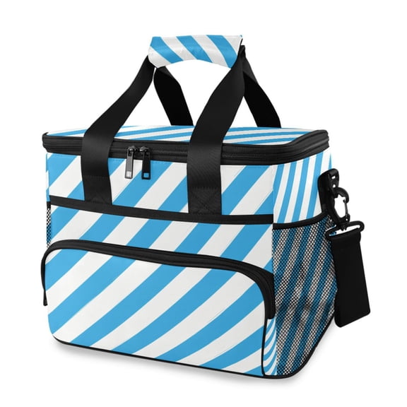Blue-white Diagonal Stripes Portable Cooler Lunch Box Reusable Insulated Lunch Bag Leakproof 15L