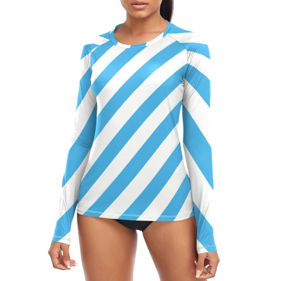 Blue-white Diagonal Stripes Women's Rash Guard Shirts UPF 50+ Sun ...