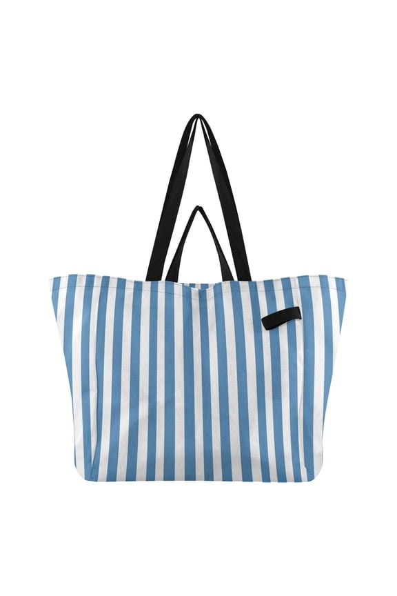 Blue-white Narrow Stripes Foldable Canvas Tote Bags Reusable Grocery Bags Laundry Bags Beach Bag 32L