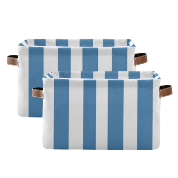 Blue-white Narrow Stripes Square Storage Bins with Handles Collapsible Containing Box 2 Packs