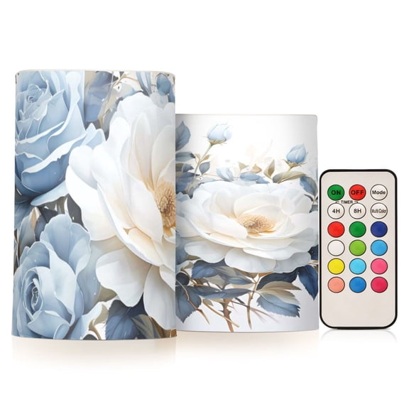 Blue-white Roses Flickering Flameless Candles Battery Operated with Remote Timer LED Pillar Candles Set of 2