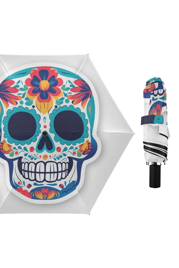 Blue-white Skull with Flowers All Weather Umbrella Triple Folding Parasol 6 Ribs UV Protection Portable