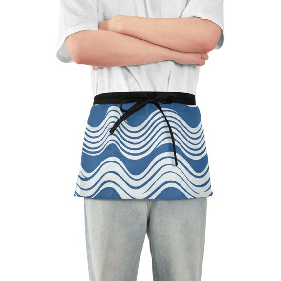 Blue-white Waves Short Server Apron with 3 Pockets for Unisex Chef Gardening