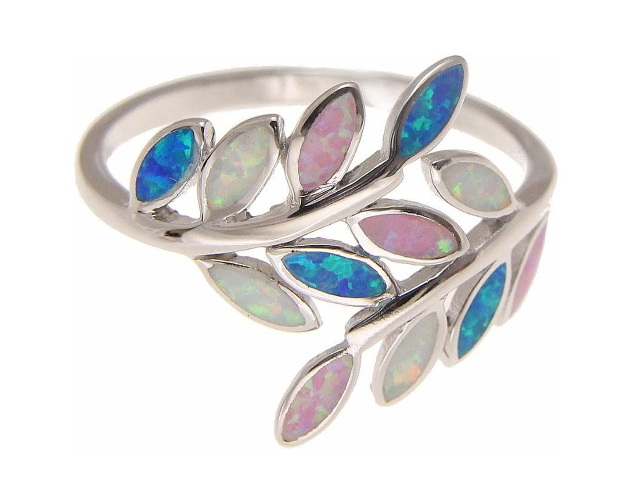 Blue white pink tricolor inlay synthetic opal ring Hawaiian maile