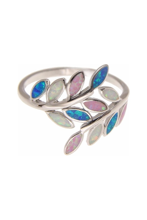 Blue white pink tricolor inlay synthetic opal ring Hawaiian maile leaf 925 sterling silver size 7