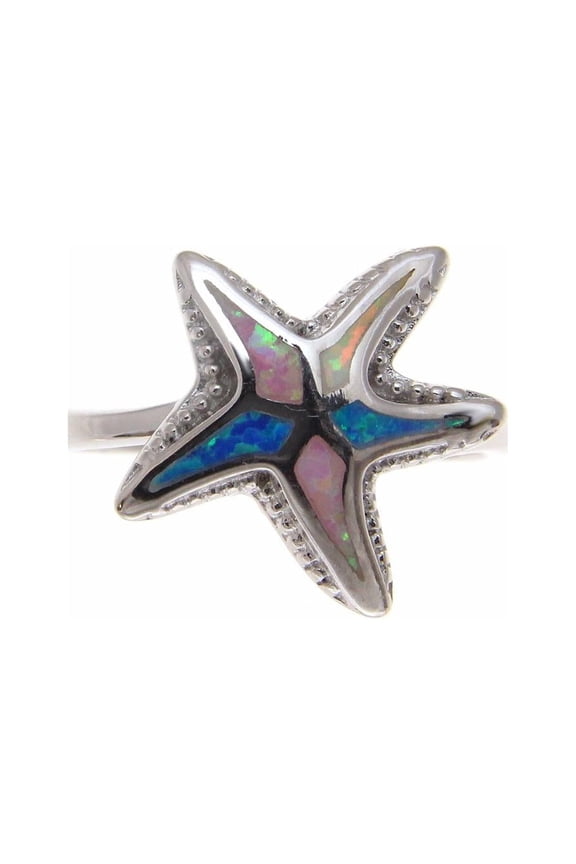 Blue white pink tricolor inlay synthetic opal ring Hawaiian starfish 925 sterling silver size 8