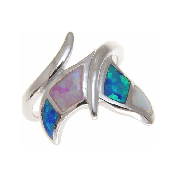 Blue white pink tricolor inlay synthetic opal ring Hawaiian whale tail 925 sterling silver size 6