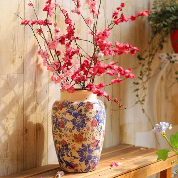 Blue and white porcelain vase, vintage ceramic vase, three-color ice crackle pattern vase, ceramic glaze, Chinese classical decorative ornament, flower vessel