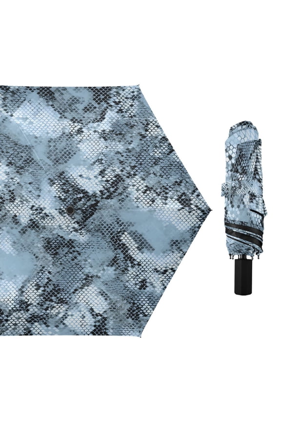 Blue with Black Snake Skin All Weather Umbrella Triple Folding Parasol 6 Ribs UV Protection Portable