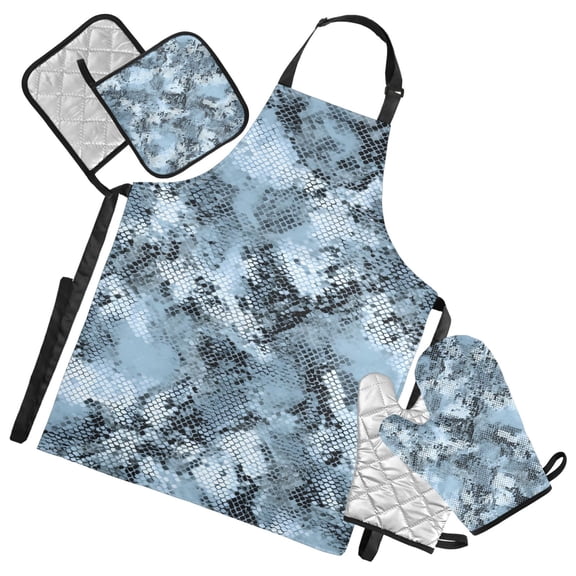 Blue with Black Snake Skin Apron Set with Oven Mitts Pot Holders Set of 5 Kitchen Stuff Accessories
