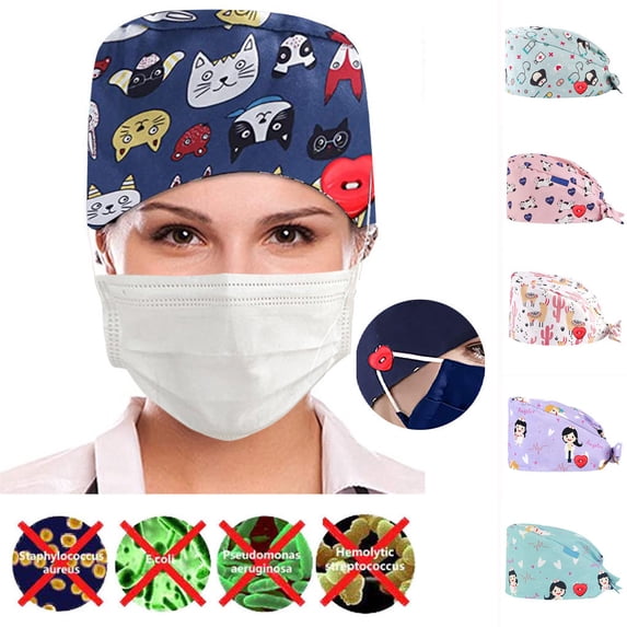 Blue with Sweatband Elastic Tie Cotton Ponytail Scrub Caps, Working Hat, Head Cover with Ribbon Ties and Buttons, Long Hair One Size