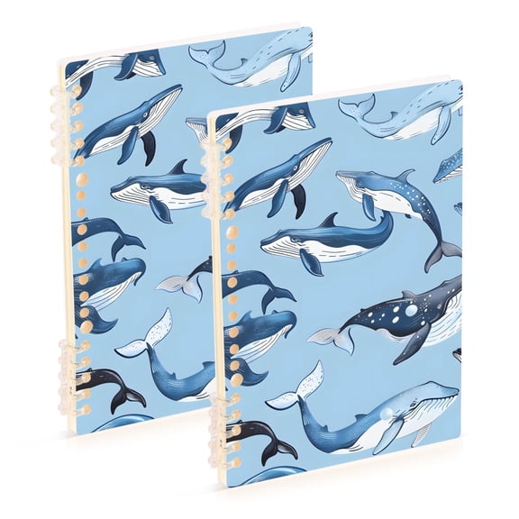 Blue with Whales Ring Binder Notebook Journey Note Diary College Ruled Spiral Notebook Study Loose Leaf Paper A5 60 Pages