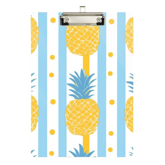 Blue-yellow Stripes Dots Pineapple Acrylic Clipboard Drawing Board with Hook Writing Pad File Storage A4 Size Silver 12.5" x 9"