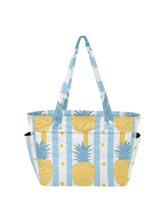 Blue-yellow Stripes Dots Pineapple Women's Quilted Tote HandBag Beach Bag Shoulder Bag with Luggage Strap 18L for Commute Gym Travel