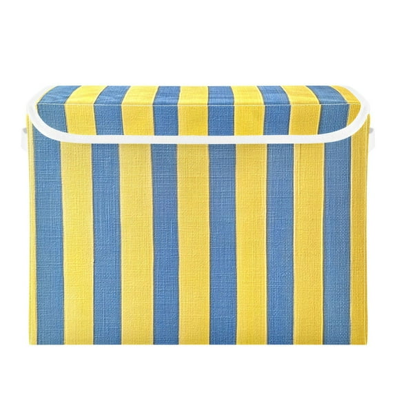 Blue-yellow Vertical Stripes Foldable Storage Bin with Lid and Handle Collapsible Storage Box 16.5 x 12.6 x 11.8 inches