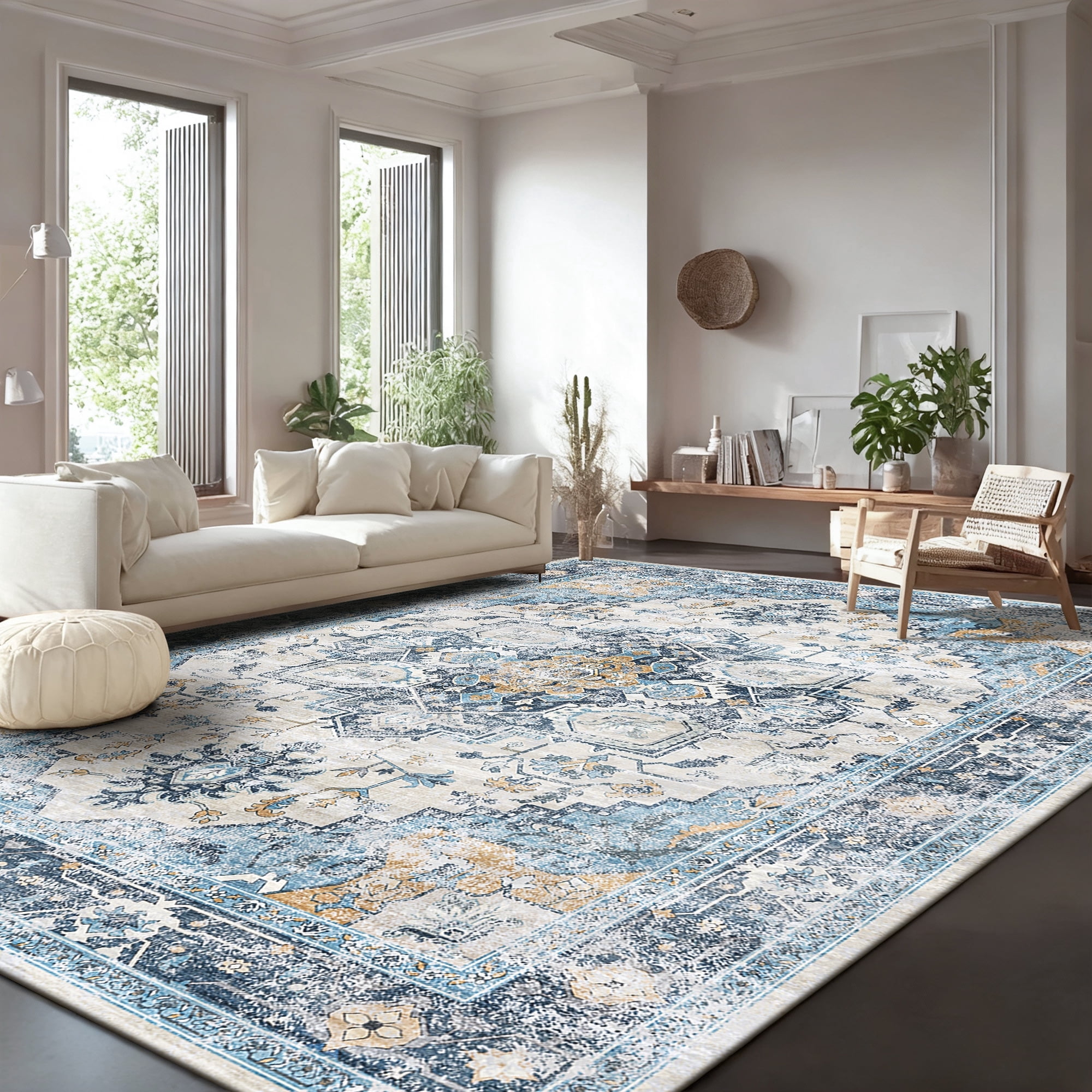 Pentantan 9'x12' Area Rugs, Washable Vintage Boho Rugs for Living Room, Modern Soft Indoor Carpet for Bedroom, Dining Room, Office, Blue