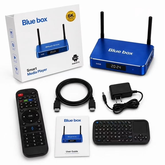BlueBox latest super7S max Home Entertainment Audio Receiver, featuring 4GB of RAM, 64GB of storage, Android 12.0, 4K Ultra HD, Wi-Fi 6, and a voice-controlled remote
