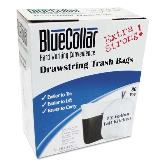BlueCollar Drawstring Trash Bags, 13 gal, 0.8 mil, 24" x 28", White, 40 Bags/Roll, 2 Rolls/Box