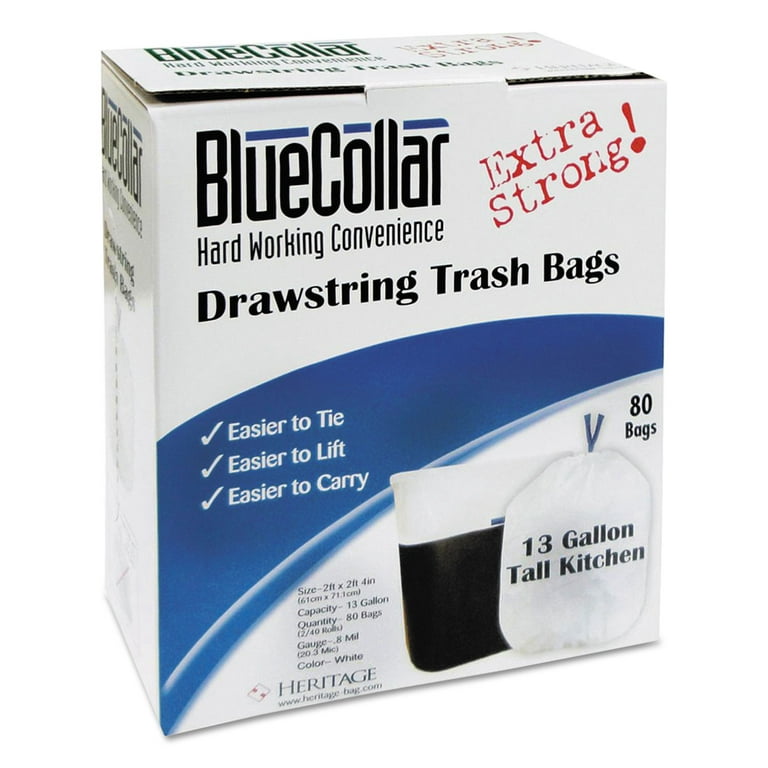 Bulk Tall Kitchen Drawstring Trash Bags - White, 13 Gallon, 0.9 Mil