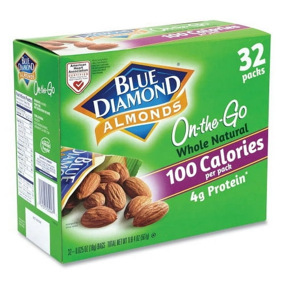 New BlueDiamond Whole Natural Almonds On-the-Go, 0.63 oz Pouch, 32 Pouches/Carton, Ships in 1-3 Business Days