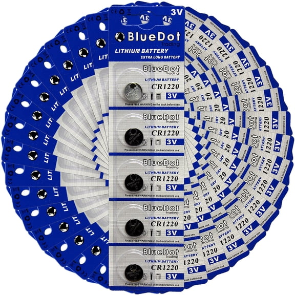 BlueDot Trading CR1220 (also known as 5020LC) Lithium Manganese Dioxide (Li-MnO2) Button Coin Cell Batteries - 100 Pack