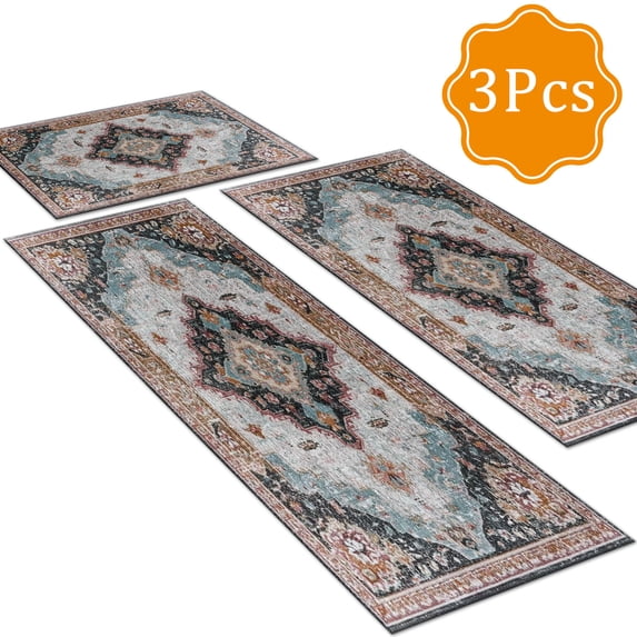 BlueDreamer Kitchen Rugs 3Pcs, Non Slip Kitchen Mats for Floor Waterproof & Stain Resistant Carpet Area Rug for Kitchen, Laundry Room, Hallway