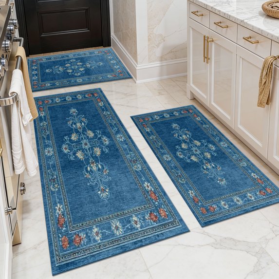 BlueDreamer Kitchen Rugs 3Pcs, Non Slip Kitchen Mats for Floor Waterproof & Stain Resistant Carpet Area Rug for Kitchen, Laundry Room, Hallway