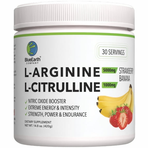 BlueEarth Company Pre-Workout Powder Supplement, Creatine Monohydrate, L-Arginine 5000mg, L-Citrulline 1000mg, Nitric Oxide, Beta Alanine, L-Glutamine, Caffeine, Strawberry Banana 30 Servings