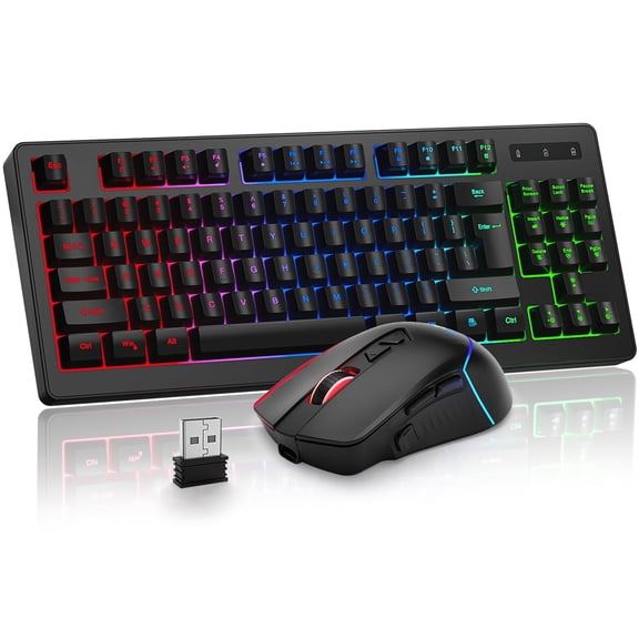 BlueFinger Wireless Keyboard and Mouse Combo, Long Lasting Rechargeable Battery 87 Keys RGB Rainbow Backlit Gaming Keyboard & Ergonomic Light Up Gaming Mouse for Mac Laptop Computer PC Gamer