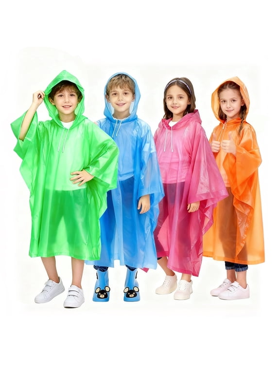 Ponchos for Kids Disposable Rain Ponchos 4 Pack ,Raincoats for Kids, Reusable Rain Ponchos with Hood and Sleeves Waterproof Rain Coat for Children Boy Girl Kids,plastic lightweight raincoat