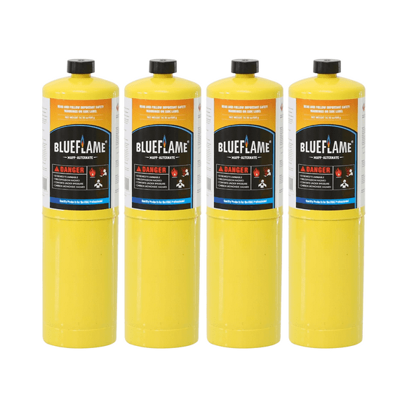 BlueFlame MAPP ALTERNATE Gas Cylinder Pack of 4 99.9% High-Purity Propylene for Superior Heat Hotter than Standard Propane Tanks Ideal for Welding, Soldering, and Modern Cuisines 14.1 oz