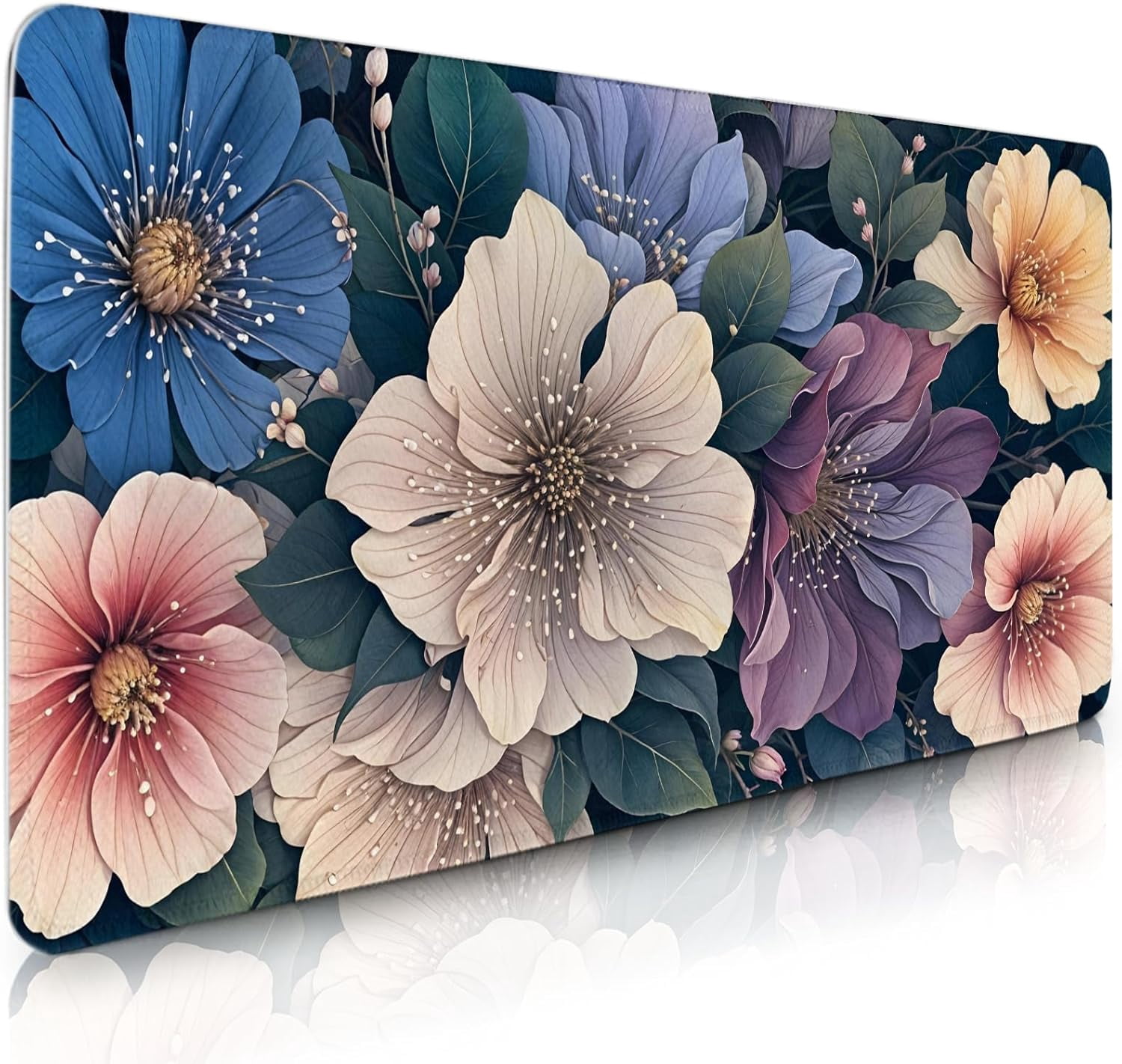 BlueFloral Gaming Mouse Pad, Large Computer Keyboard Mousepad, Flower Mouse Mat Big with Non-Slip Base and Stitched Edges, Long Desk Mat for Home Office 11.8”x 31.4” XL Gift for Christmas