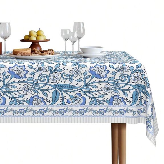 BlueFloralB Print Round Tablecloth 60 Inch, Waterproof Canvas Cover With Intricate Blue Floral & Vine Pattern, Wrinkle & Stain Resistant