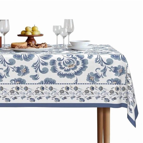 BlueFloralPrint Round Tablecloth 60 Inch, Waterproof Canvas Table Cover With Classic Floral Pattern, Wrinkle & Stain Resistant For Dining Kitchen