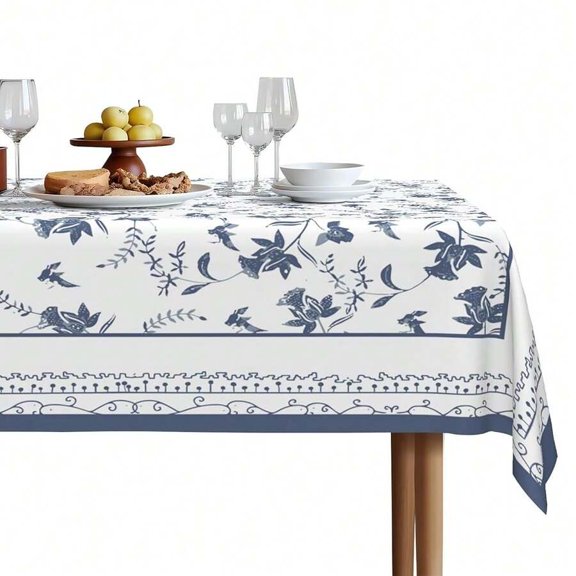 BlueFlorala Floral Print Round Tablecloth 60 Inch, Waterproof Canvas Table Cover With Elegant Blue Botanical Pattern