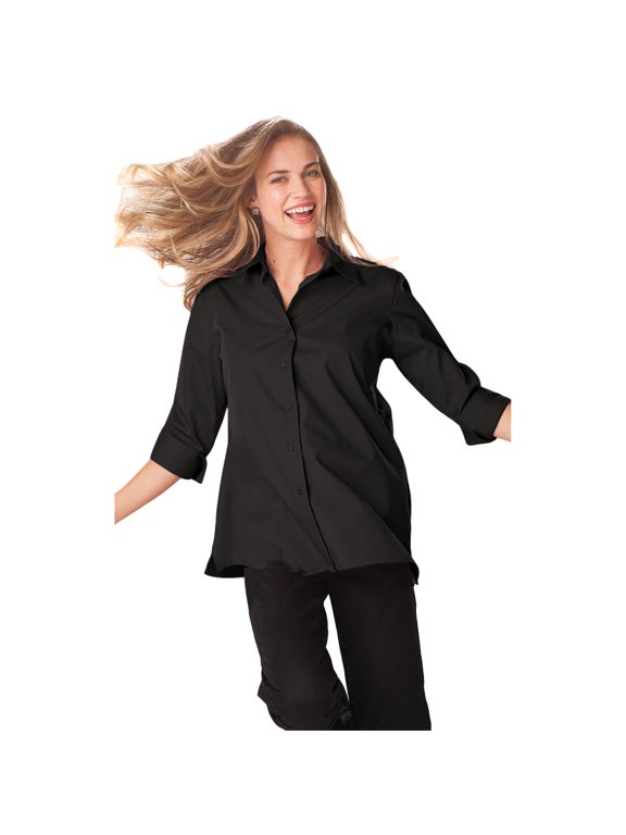 BlueGeneration Ladies 3/4 Sleeve Easy Care Poplin Swing Blouse/Matching Buttons - Black Small Solid