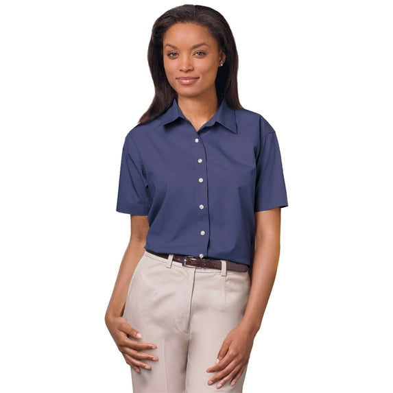 BlueGeneration Ladies Short Sleeve Easy Care Poplin - Navy Small Solid