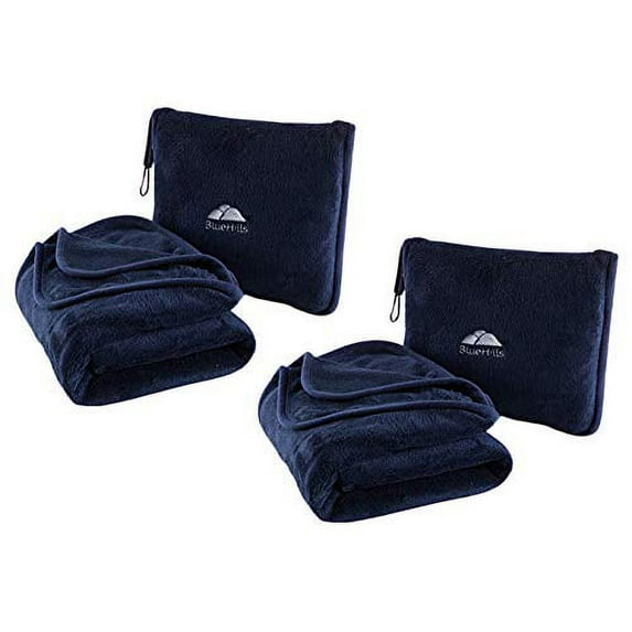 BlueHills 2-Pack Premium Soft Plush Travel Blanket Pillow Airplane Throw - Navy Blue