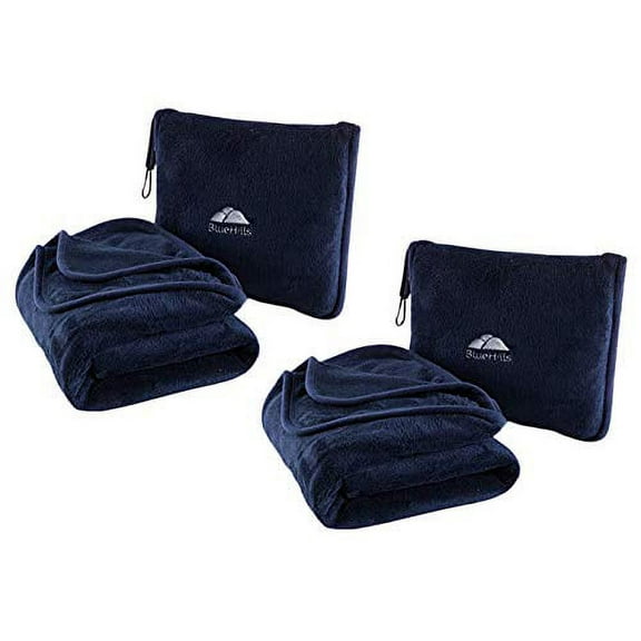 BlueHills 2-Pack Premium Soft Plush Travel Blanket Pillow Airplane Throw - Navy Blue