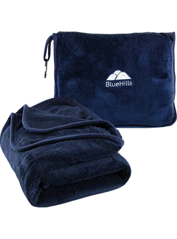 BlueHills Premium Soft Large Travel Blanket Pillow for Tall Airplane - Navy Blue