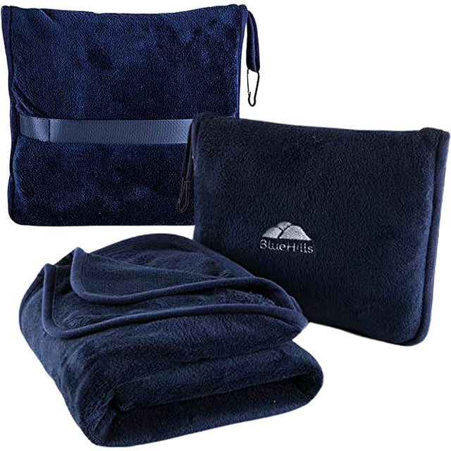 BlueHills Premium Soft Plush Travel Blanket Pillow Airplane - Navy Blue