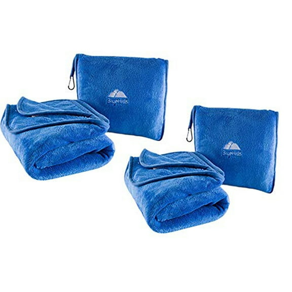 BlueHills Premium Soft Travel Blanket Pillow Airplane Throw 2-Pack -Royal Blue