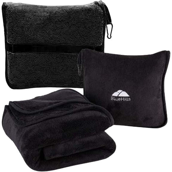BlueHills Premium Soft Travel Blanket Pillow Airplane Throw - Black