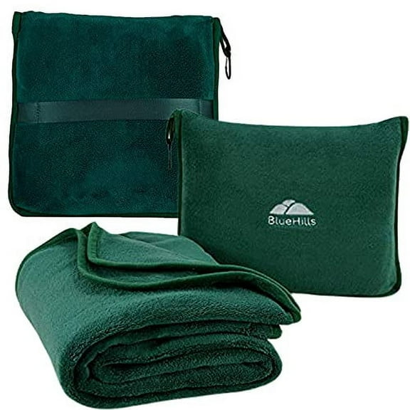BlueHills Premium Soft Travel Blanket Pillow Airplane Throw - Dark Green