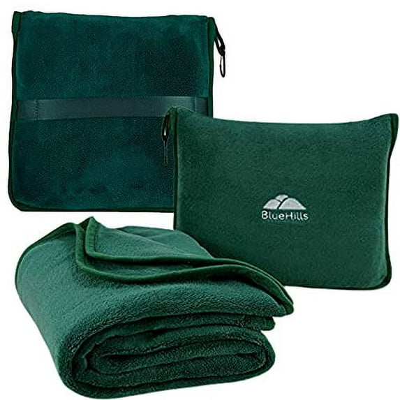 BlueHills Premium Soft Travel Blanket Pillow Airplane Throw - Dark Green
