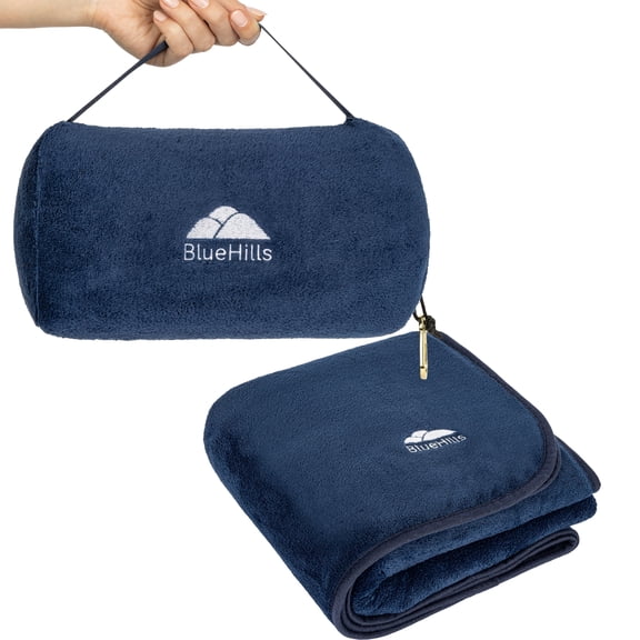 BlueHills Travel Blanket Rolled Premium Soft Plush Airplane - Navy Blue