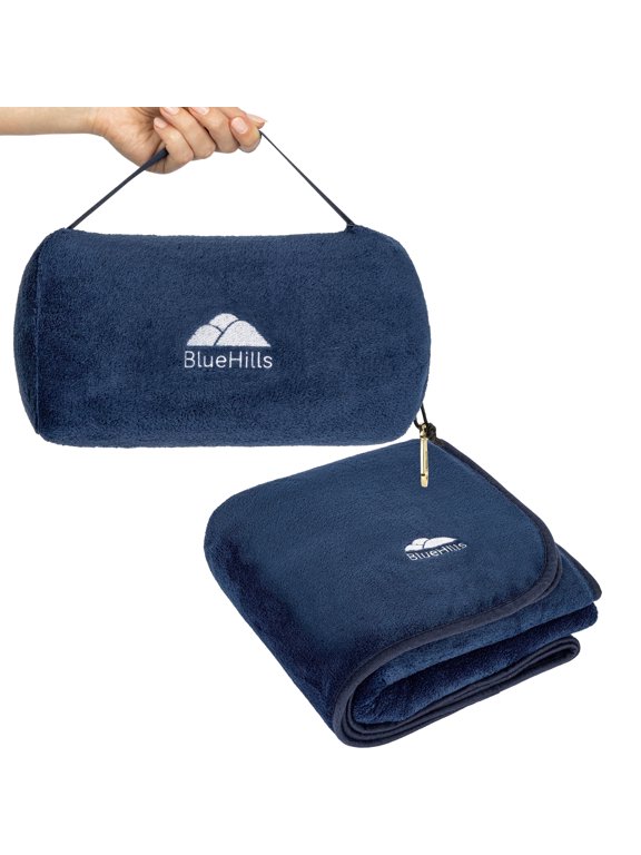 Travel Blanket Rolled Premium Soft Plush Airplane - Navy Blue