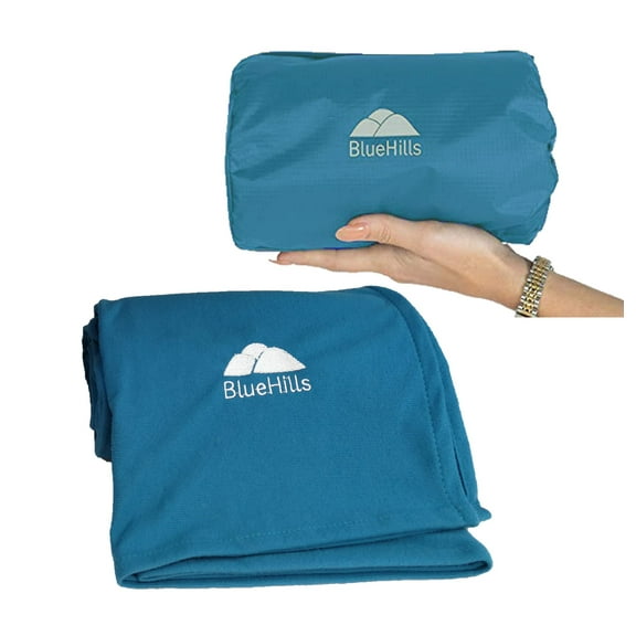 BlueHills Ultra Compact Travel Blanket in Portable Case Premium Soft Large Airplane blanket Flight Essentials for Car Plane Train Hotel Layover Peacock Teal C004
