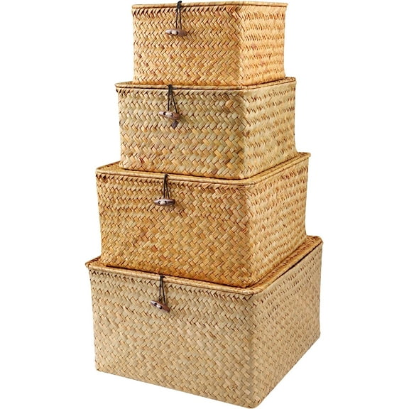 BlueMake 4Pcs Wicker Storage Baskets with Lids Seagrass Woven Baskets for Shelves Stackable Storage Boxes for Organizing Rattan Bins - Natural