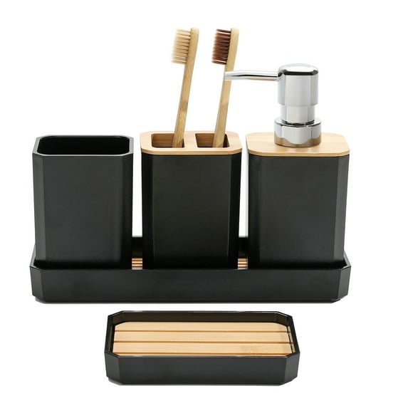 BlueMake Bathroom Accessories Set,5 Pcs Bathroom Accessory Gift Set, Soap Dispenser, Soap Dish, Toothbrush Holder, Toothbrush Cup, Vanity Tray, Boho, Modern Bathroom Decor (Black)